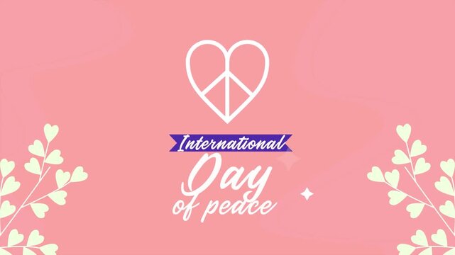 International day of peace animated greeting card with heart peace symbol and floral elements on pink background