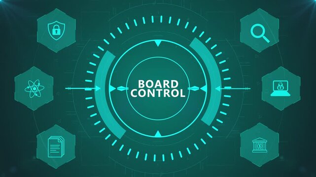Board Control Interface with Circular Digital HUD and Corporate Icons on Abstract Technology Background Representing Executive Governance System
