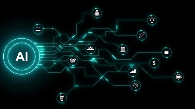 AI network with glowing turquoise circuits and technology icons artificial intelligence. AI With Turquoise Glowing Circuit Icons Showing Digital Network.Futuristic Tech Concept.4k video...