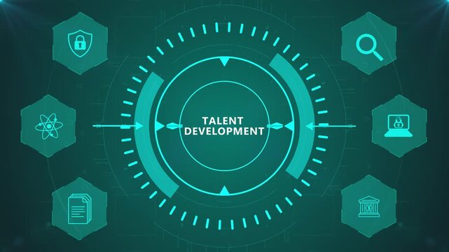 Talent Development Interface with Circular Digital HUD and Corporate Icons on Abstract Technology Background Representing Workforce Training System