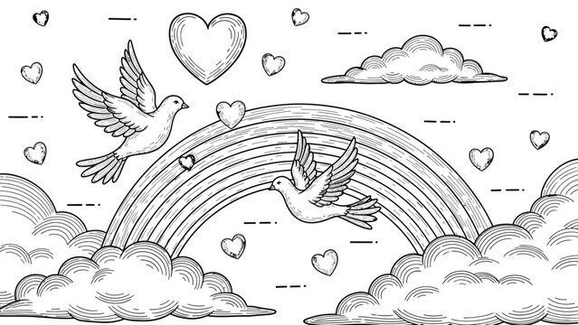 Love concept background with two white doves flying around rainbow and floating hearts in sky with soft clouds hand drawn black and white vector art design.