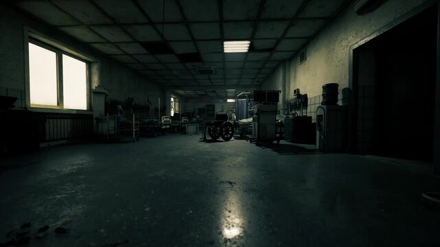 Wheelchair silhouette in empty icu under cold window light, monitors dark, curtain rails and equipment casting long shadows, unsettling calm after chaos