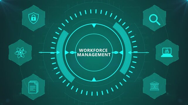 Workforce Management Interface with Circular Digital HUD and Corporate Icons on Abstract Technology Background Representing Employee Operations System