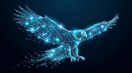 Naklejka premium Glow-in-the-dark digital wireframe illustration of a majestic eagle in mid-flight with neon blue polygonal nodes and geometric particles for high-tech aerospace and innovation concepts