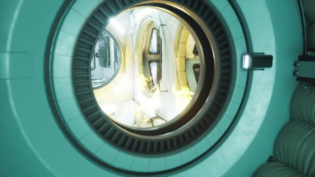 Space station angled porthole exposing internal hardware and ladder elements warm task lighting highlights structural supports and access points, mood of active