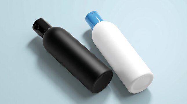 Duo of matte black and white plastic cosmetic bottles with flip top caps lying on a soft blue surface for professional skincare product branding mockups
