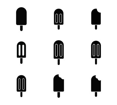 Collection of nine black silhouette depicting various popsicle shapes with some showing bite marks isolated on a white background for food and drink menu