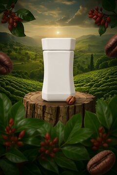 Elegant white hexagonal coffee jar mockup standing on a rustic wooden stump amidst lush green plantation fields and red berries for organic beverage branding