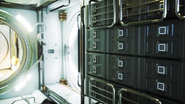 Toollined maintenance corridor inside space station with stacked lockers, safety rails, coiled cables, bright service lights, operational efficiency, crew