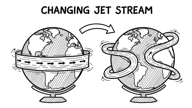 Scientific illustration showing changing jet stream patterns on globe comparing stable wind flow to wavy atmospheric shift due to climate change warming earth.