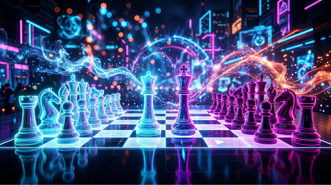 Futuristic neon chess strategy arena with glowing digital pieces and cyber competition vector artwork for gaming concepts