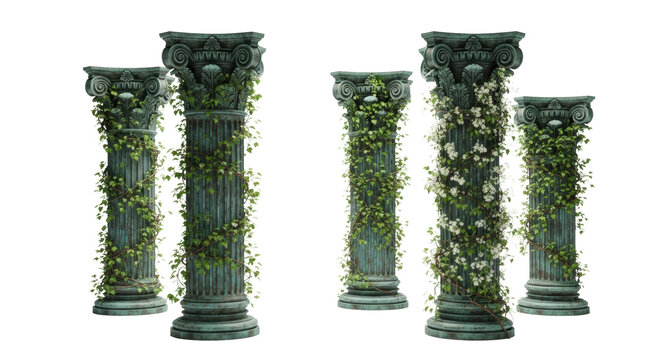 Five weathered corinthian bronze pillars, heavy with verdigris patina and entwined with vibrant green ivy and delicate white flowers, powerful metaphor for time and decay