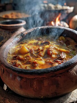 Ethiopian Siljo Stew Bubbling in Traditional Clay Pot with False Banana Spices