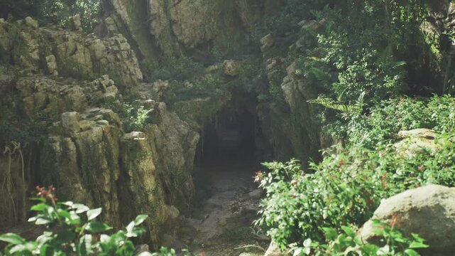 Narrow cave opening under rocky canopy, shadowed crevice surrounded by ferns and moss, narrow path descending into unknown, suited for spelunker scouting