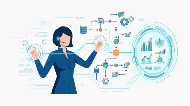 Tech business analyst managing digital cloud network workflow vector illustration
