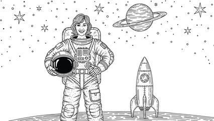 Female astronaut holding helmet standing with small rocket and planet saturn in background, space exploration concept, science theme. © Yesyx