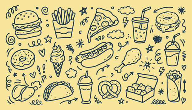 Diverse fast food and snack doodle collection with pizza taco burrito and pretzel vector illustration