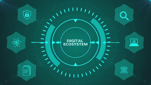 Digital Ecosystem Interface with Circular Digital HUD and Corporate Icons on Abstract Technology Background Representing Connected Business System