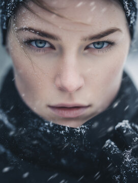 Intensives Winterportr&auml;t einer Frau im Schneesturm &ndash; eisiger Blick, kalte Farben und dramatische Atmosph&auml;re. Cinematisches Beauty-Motiv mit viel copyspace und copy space.