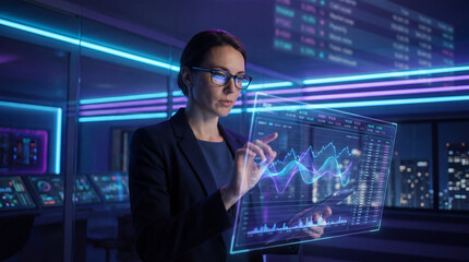 Fototapeta premium Female entrepreneur analyzing holographic financial data on transparent screen in futuristic office with neon lights and cityscape at night, focused and professional