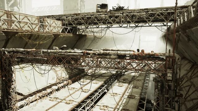 Overhead gantry cranes crossing sunlit drydock span, truss network, hoists and cables, rusted steel surfaces, shipyard perspective with layered walkways