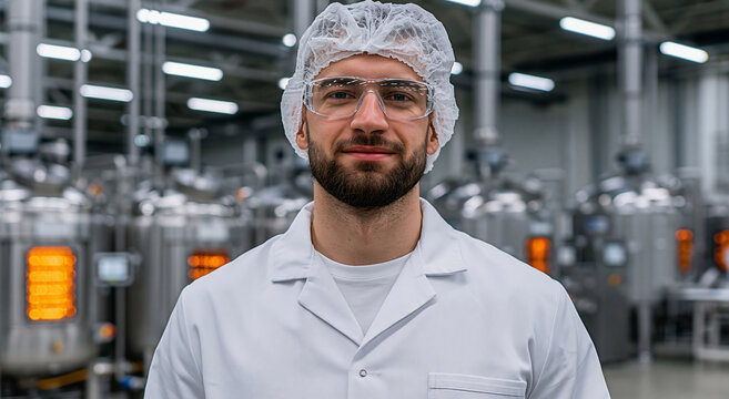 Male factory worker in white coat, safety glasses, and hair net at