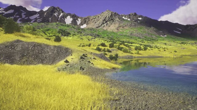 Vivid dusk colors painting alpine slopes and placid lake surface with soft cloudscapes, saturated palette and gentle reflections create cinematic mood