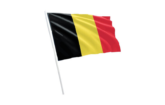 Belgian flag waving on a white pole with black yellow and red stripes on a plain background