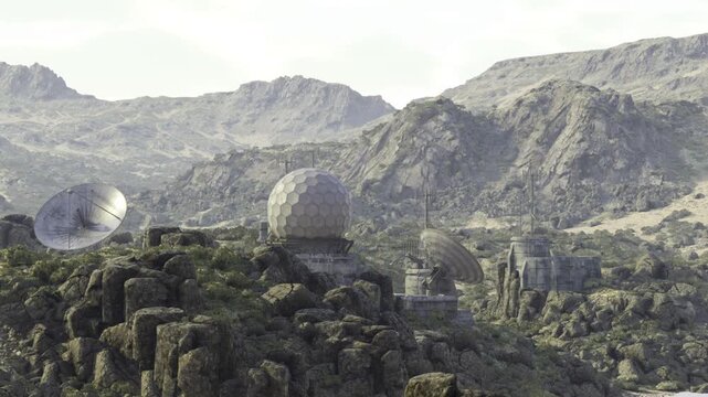 Pair of radome domes on hillside, twin satellite dishes visible, rolling forested foothills, winding service road, soft morning haze, scientific monitoring