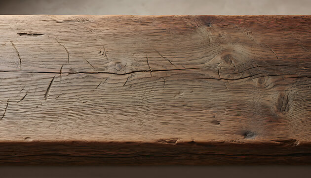 Closeup of a weathered wooden plank with visible cracks and grain