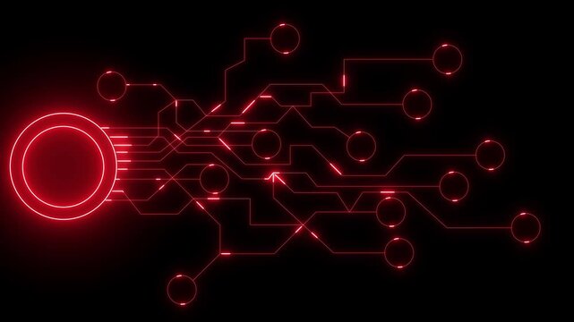Glowing Red Circuit Board Network on Black Background technology digital. Circuit board with glowing red neon lines showing digital network connectivity and futuristic technology concept.4k video..