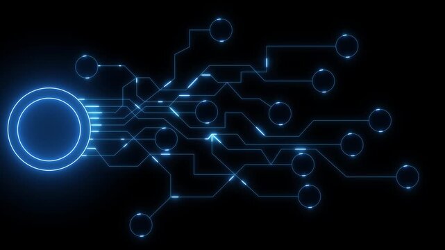 Circuit board with glowing neon lines showing digital network connectivity and futuristic technology concept. AI technology. Data passing circuit board.4K animation motion graphic video..