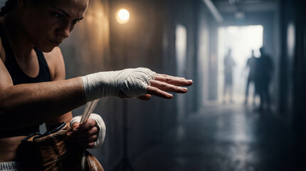 Naklejka premium Boxer wrapping hands with white tape preparing for training or fight in dimly lit gym corridor showing focus and determination