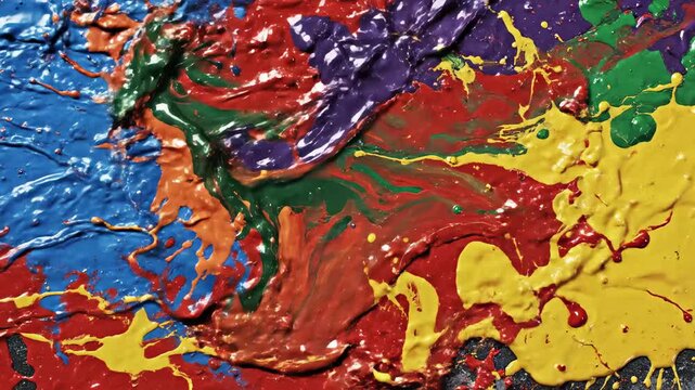 Vibrant, textured, and dynamic splashes of thick, viscous acrylic paint in a spectrum of bold primary and secondary colors create an abstract, energetic artwork full of movement and artistic