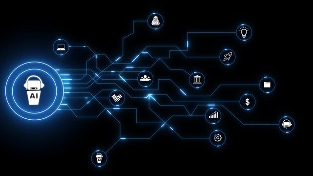 Artificial Intelligence Network With Digital Icons And Blue Circuit Lines technology. AI And Network Technology Driving Digital Innovation, Security, And Global Business.4k animation video..