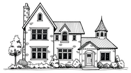 Architectural line art drawing of a classic house with multiple windows and a steeple, featuring trees and bushes in the foreground. © Yesyx