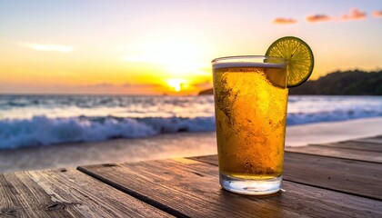Fototapeta premium Refreshing cold lager with a lime slice on a wooden table at sunset. This tropical beach scene captures the essence of vacation, relaxation, and summer bliss in a beautiful paradise.