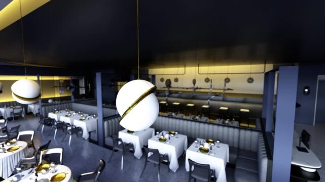 Silent empty dining hall after closing, chairs tucked and tables cleared, scattered plates and glassware awaiting bussing, cool blue shadows with gold