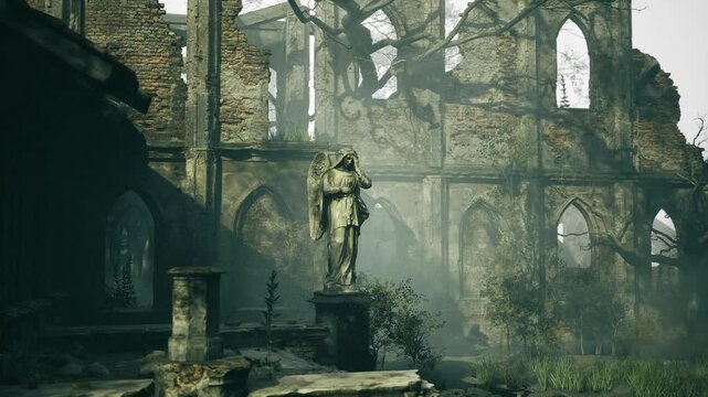 Weathered guardian statue on mossy pedestal, broken nave beyond, sunbeams trace eroded features, scene suggests archaeological discovery and solemn monument