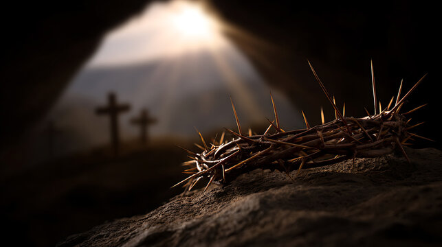 Symbolic crown of thorns on dark rock, with light rays and crosses in background, representing spiritual themes and sacrifice