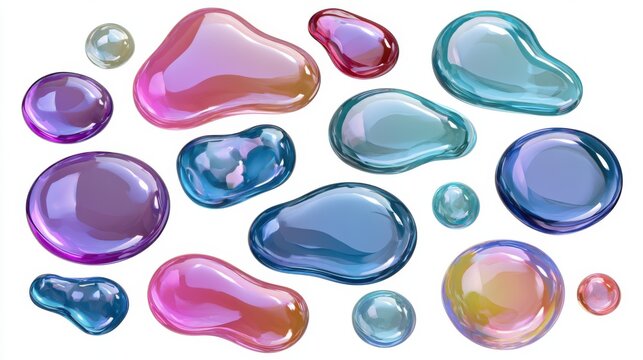 Iridescent glossy droplets on white surface, multicolor liquid blops with soft reflections, translucent edges and subtle shadows, highkey studio lighting, evokes playful futuristic mood, ideal