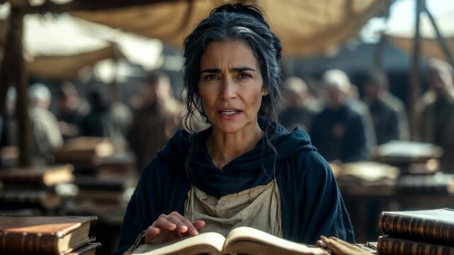 A woman reading an old book in a realistic style on a busy market background, expressing a concept of knowledge, wisdom, and learning
