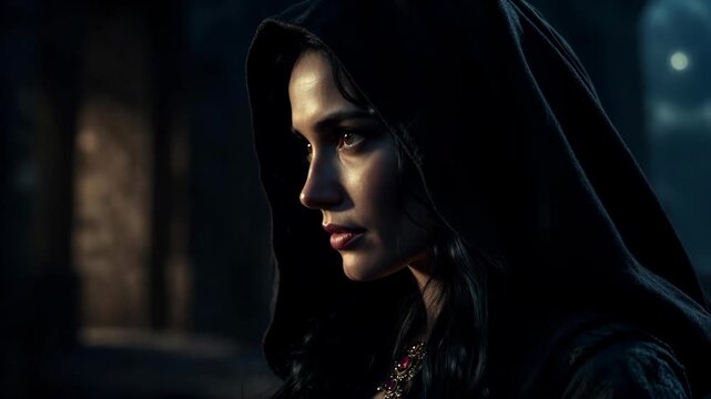 Woman in hooded cloak shown in realistic style on dark shadowy background, conveying concept of mystery and introspection