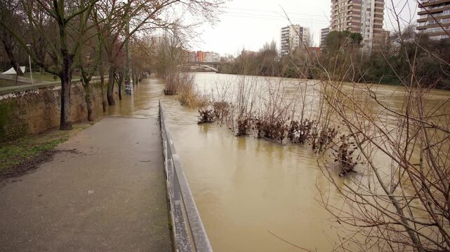 Flooded banks of the Pisuerga River, Valladolid, Spain.