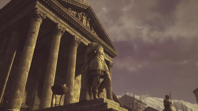 Guardian lion statues at temple entrance, ornate stone sculptures flanking massive columned portico with textured pedestals and warm weathered surfaces, regal