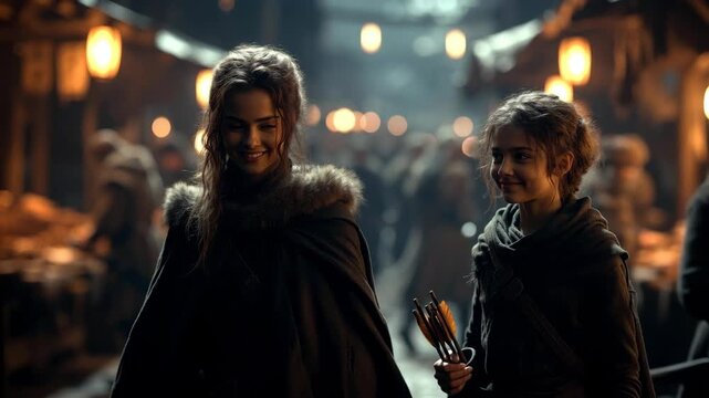 Two young females in medieval clothing walking in a busy market, cinematic style on a dimly lit background, concept of adventure