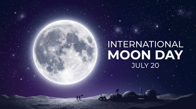 Celestial international moon celebration with glowing lunar surface and cosmic astronomy vector background for education themes