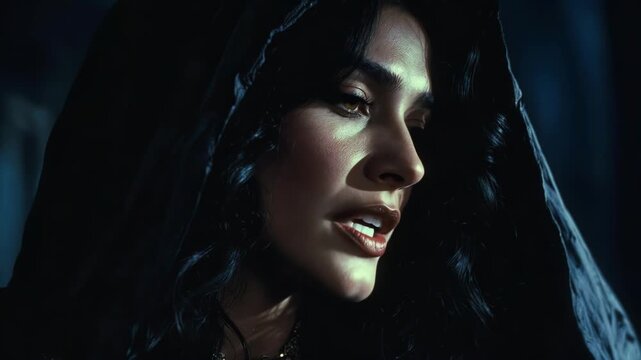 Close-up of a hooded woman in a realistic style against a dark background, conveying mystery and intrigue as a conceptual theme