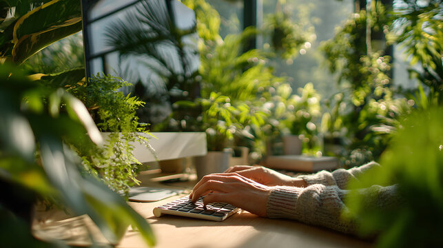 A bright home office with green plants reflecting on the screen is where someone is typing on their desktop computer and implementing remote work and an eco-friendly lifestyle with modern technology s