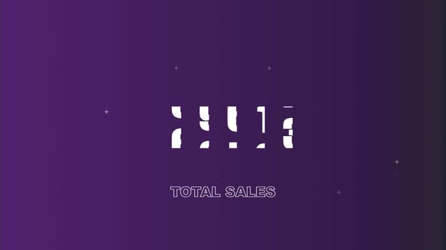 Dynamic total sales counter animation, digital financial growth data visualization, purple gradient background with rising numbers